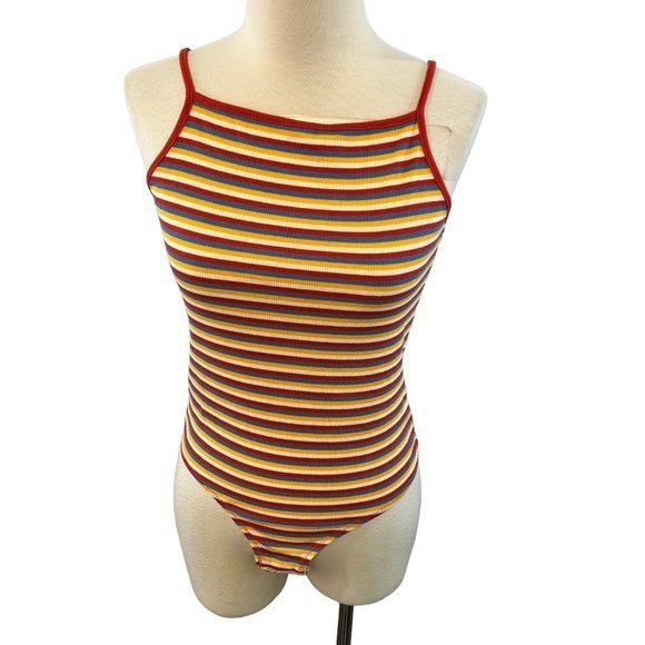 NWT‎ MADEWELL Rainbow Stripe Ribbed Thong Bodysuit in Windmill Stripe Kilt Red ( - Picture 11 of 12